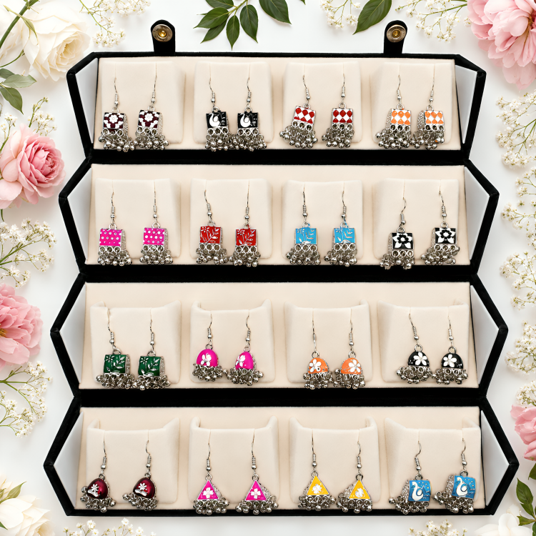 Premium Handmade German Silver Meenakari Jhumka Earrings Combo Set for Women | 16 Pair Colorful Ethnic Earrings Collection | HYPEHAVENHUB