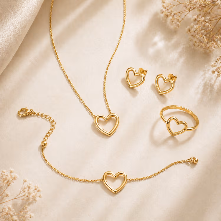 HYPEHAVENHUB Heart Anti Tarnish Gold Plated Heart Necklace, Bracelet, Ring & Earrings Combo Set.