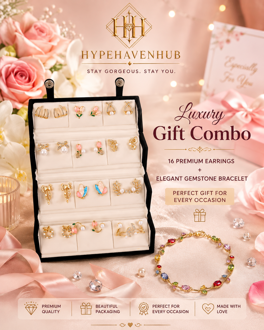 HYPEHAVENHUB 💎 Luxury Jewelry Gift Combo 💝 | 12 Premium Earrings Collection + Elegant Gemstone Bracelet | Perfect Gift for Every Occasion ✨.
