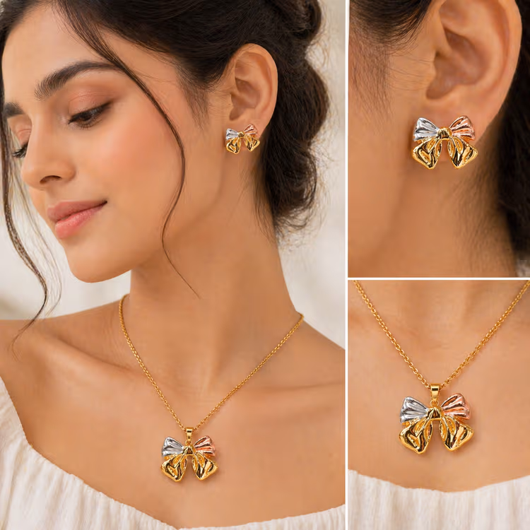 HYPEHAVENHUB Korean Anti Tarnish Gold Plated 3-Tone Necklace Set for Women.
