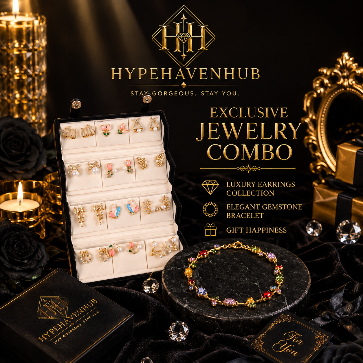 HYPEHAVENHUB 💎 Luxury Jewelry Gift Combo 💝 | 12 Premium Earrings Collection + Elegant Gemstone Bracelet | Perfect Gift for Every Occasion ✨.