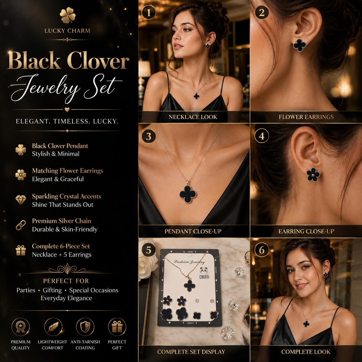Luxury Black Clover Jewelry Set – Premium Silver-Plated Necklace with 6 Pairs Matching Stud Earrings for Women & Girls.