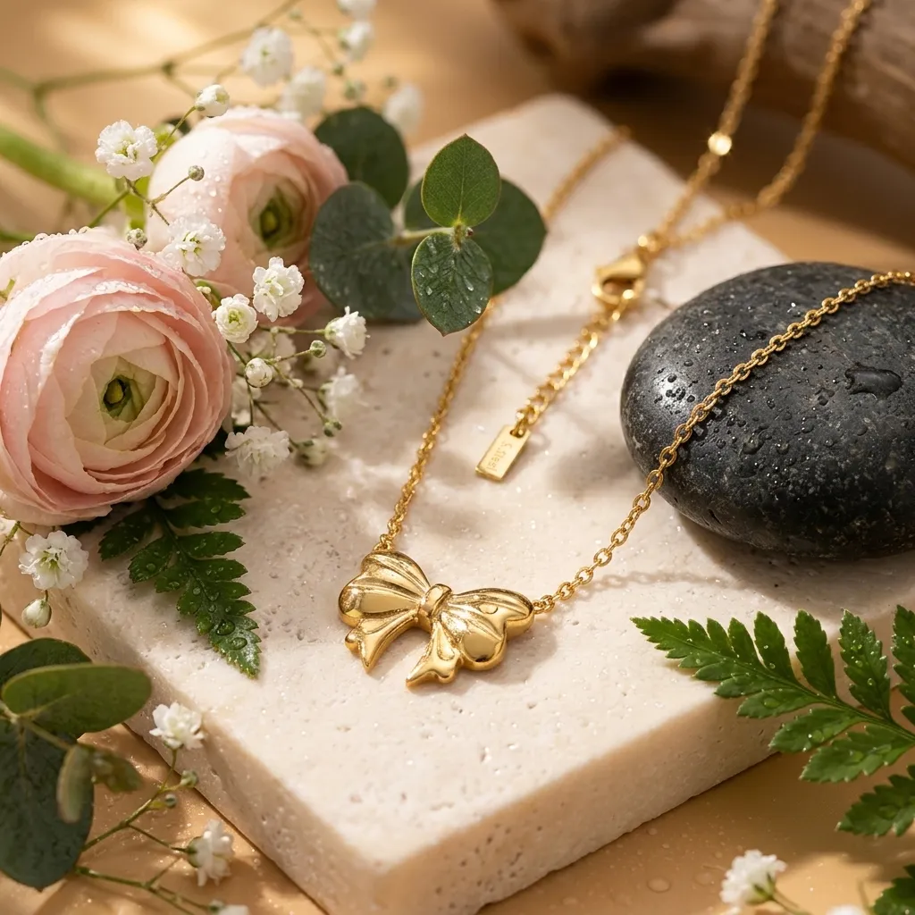 HYPEHAVENHUB Luxury Anti Tarnish Golden Bow Necklace – Elegant Korean Ribbon Pendant Chain.