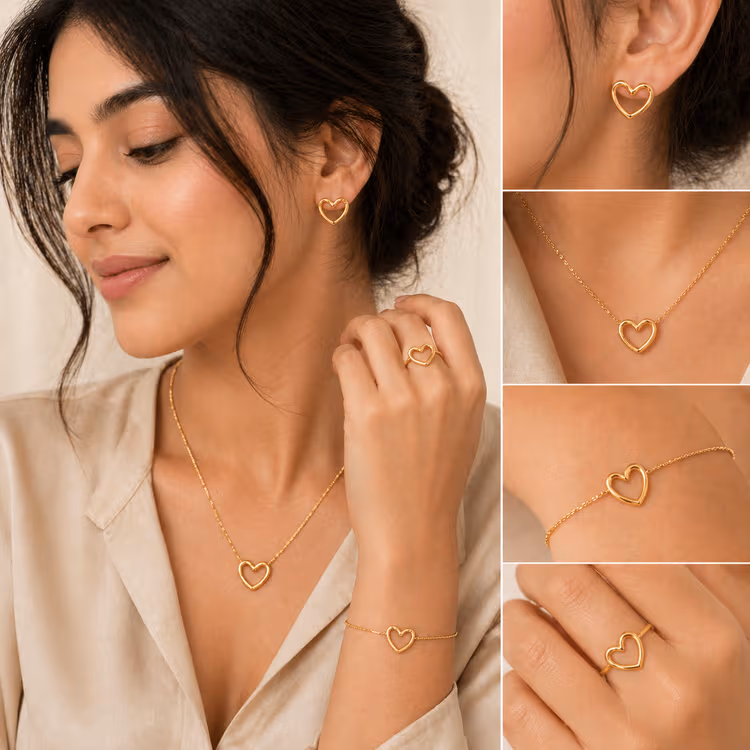 HYPEHAVENHUB Heart Anti Tarnish Gold Plated Heart Necklace, Bracelet, Ring & Earrings Combo Set.