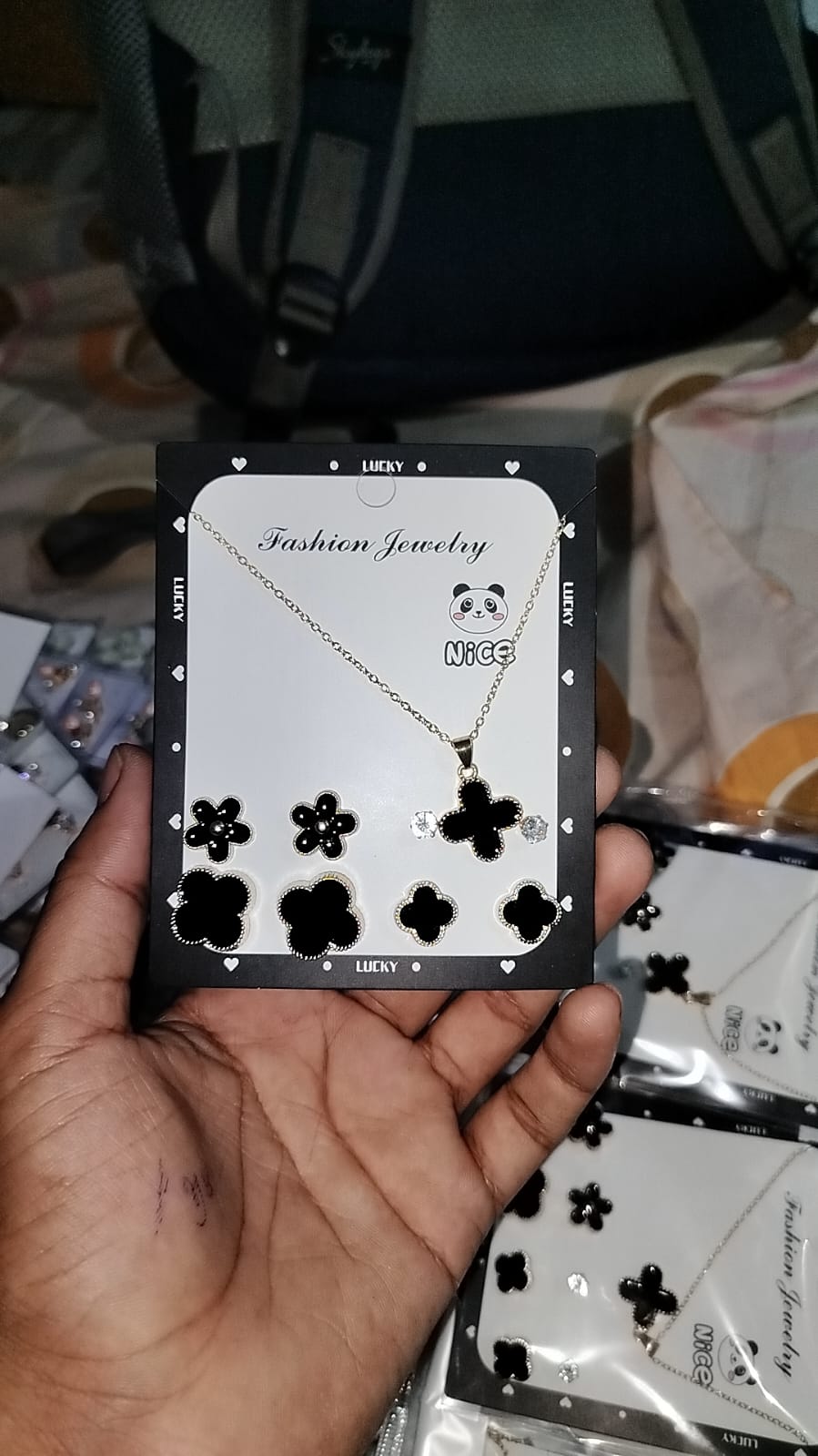 Luxury Black Clover Jewelry Set – Premium Silver-Plated Necklace with 6 Pairs Matching Stud Earrings for Women & Girls. - 4