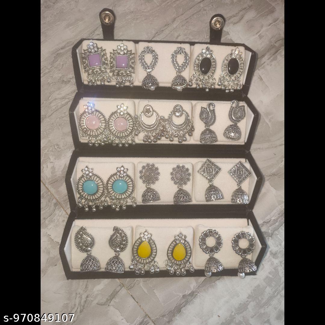 Premium Oxidized Silver Earrings Combo Set for Women | 12 Pairs Traditional Boho Jhumka & Stud Collection | HYPEHAVENHUB - 3