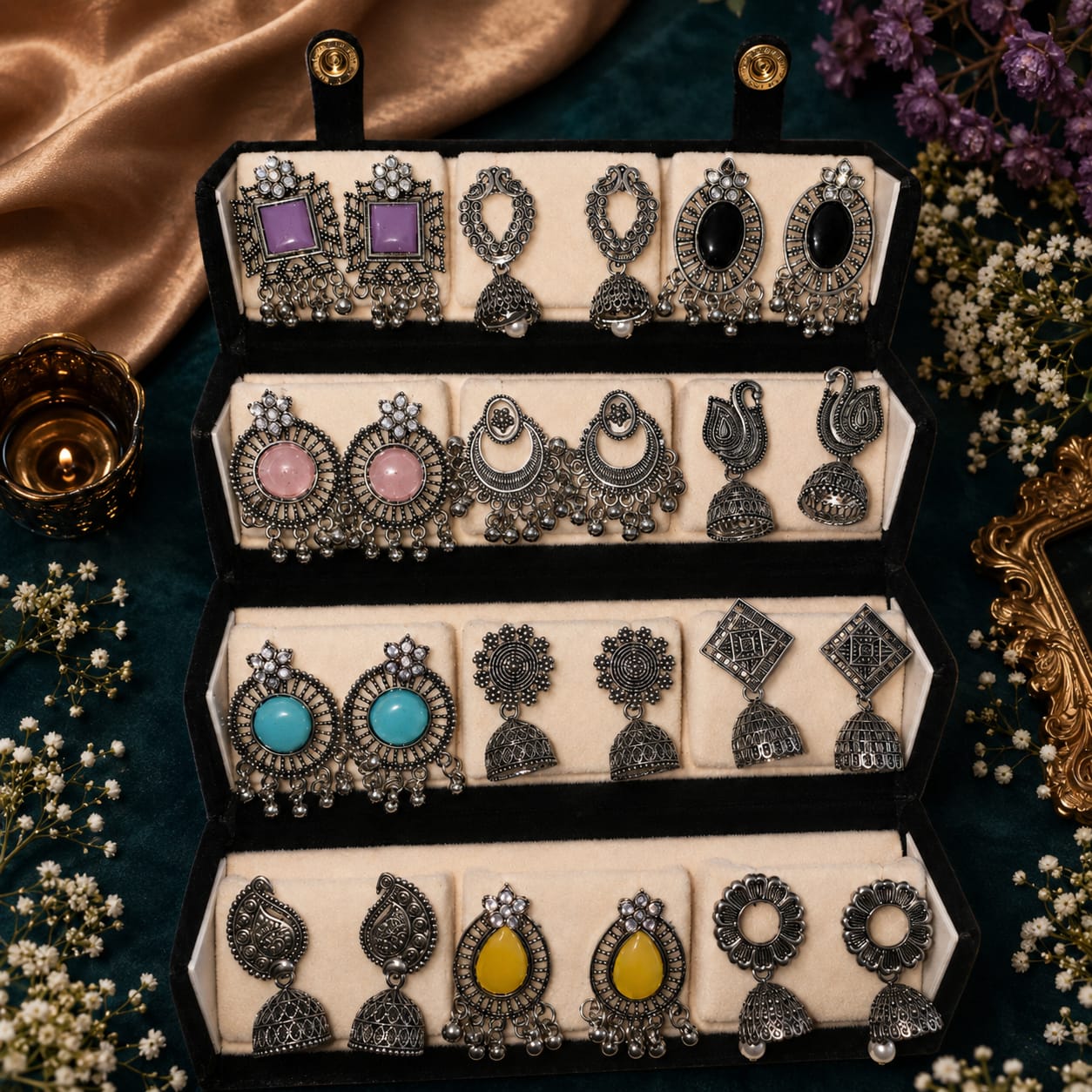 Premium Oxidized Silver Earrings Combo Set for Women | 12 Pairs Traditional Boho Jhumka & Stud Collection | HYPEHAVENHUB