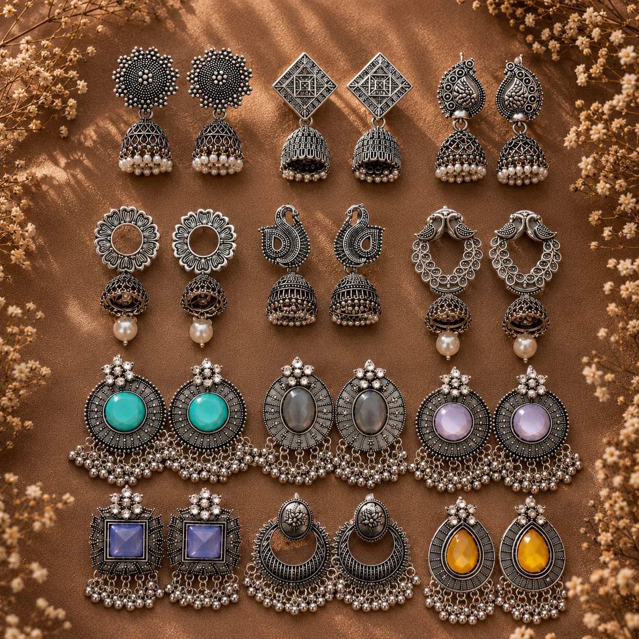 Premium Oxidized Silver Earrings Combo Set for Women | 12 Pairs Traditional Boho Jhumka & Stud Collection | HYPEHAVENHUB