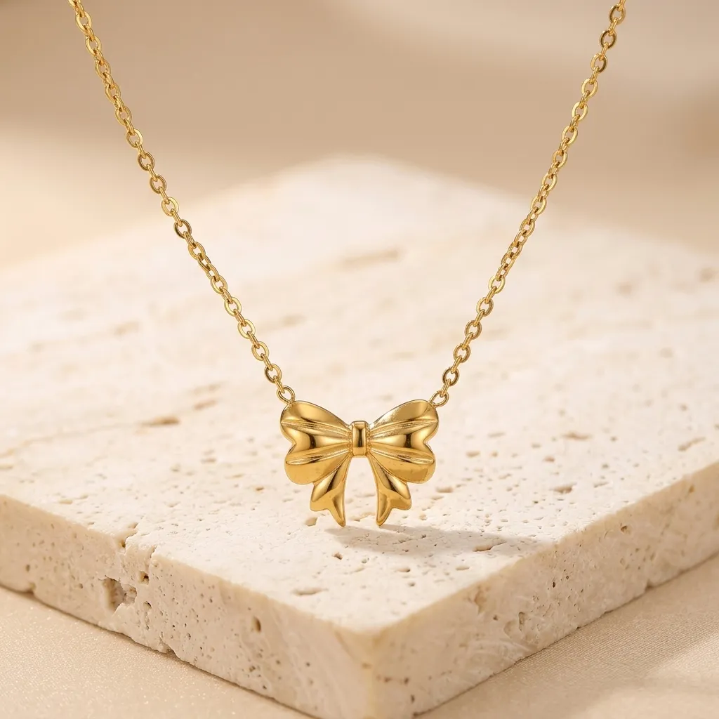 HYPEHAVENHUB Luxury Anti Tarnish Golden Bow Necklace – Elegant Korean Ribbon Pendant Chain. - 5