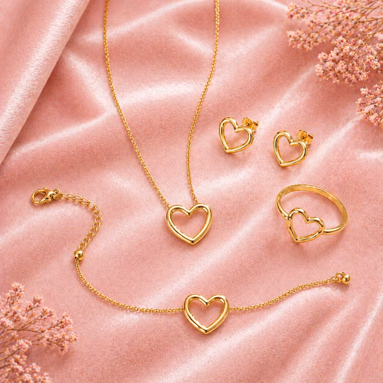 HYPEHAVENHUB Heart Anti Tarnish Gold Plated Heart Necklace, Bracelet, Ring & Earrings Combo Set. - 4