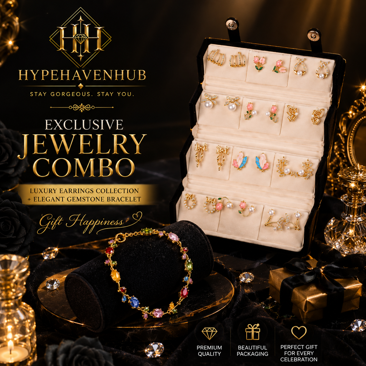 HYPEHAVENHUB 💎 Luxury Jewelry Gift Combo 💝 | 12 Premium Earrings Collection + Elegant Gemstone Bracelet | Perfect Gift for Every Occasion ✨. - 3