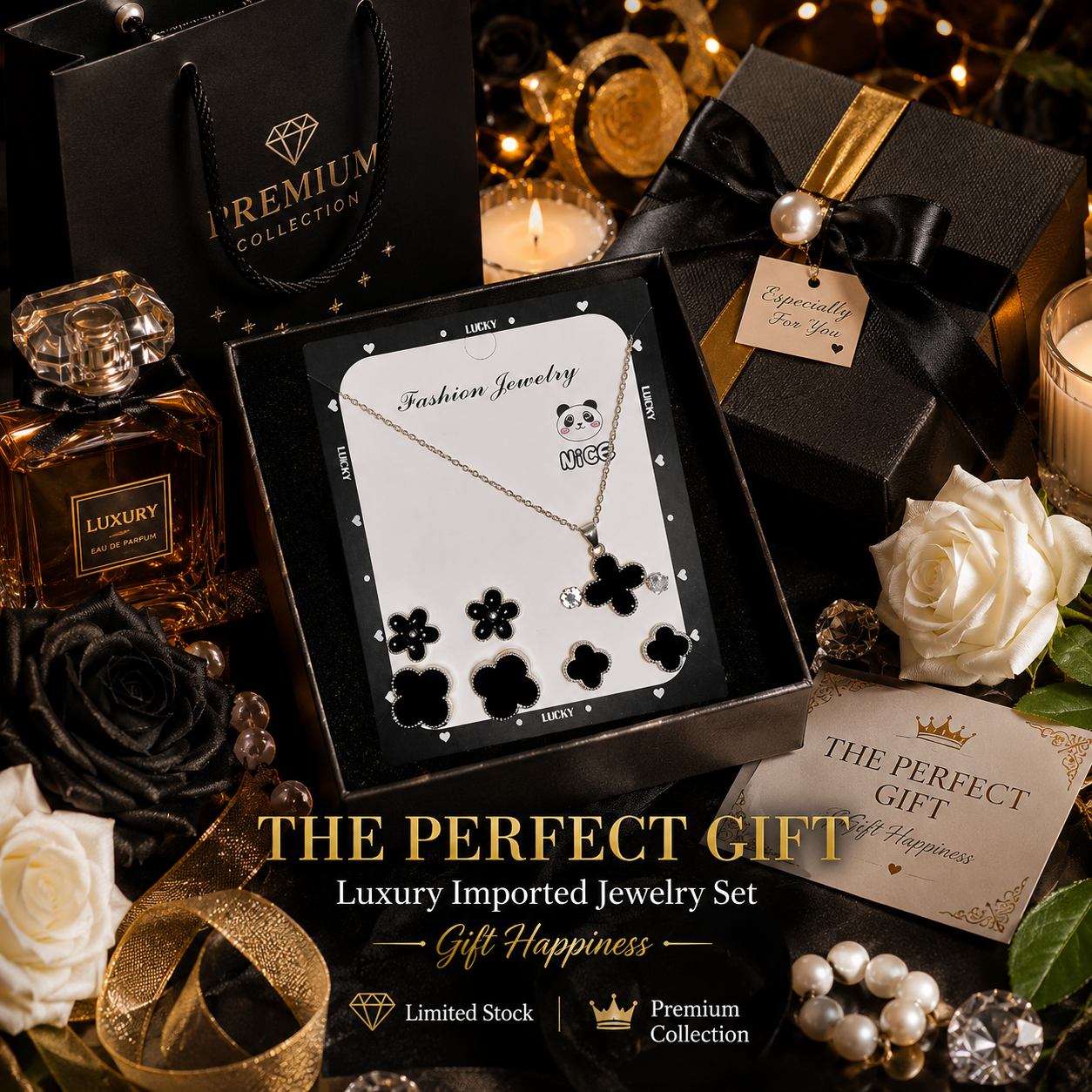 Luxury Black Clover Jewelry Set – Premium Silver-Plated Necklace with 6 Pairs Matching Stud Earrings for Women & Girls.