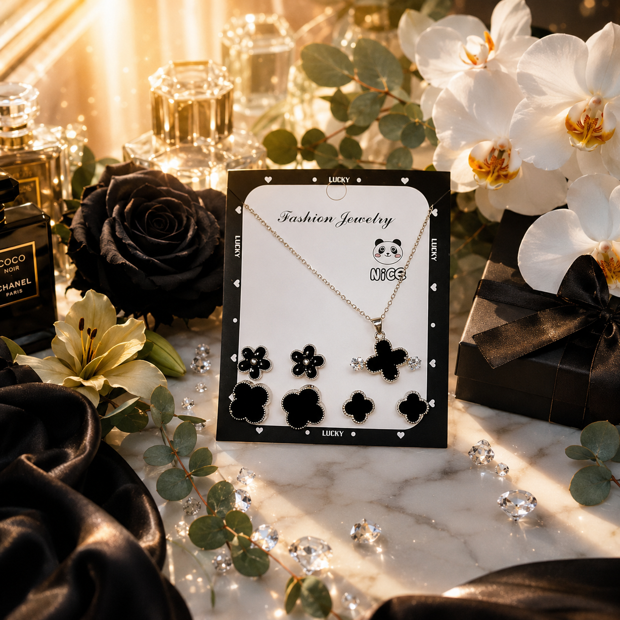 Luxury Black Clover Jewelry Set – Premium Silver-Plated Necklace with 6 Pairs Matching Stud Earrings for Women & Girls. - 3