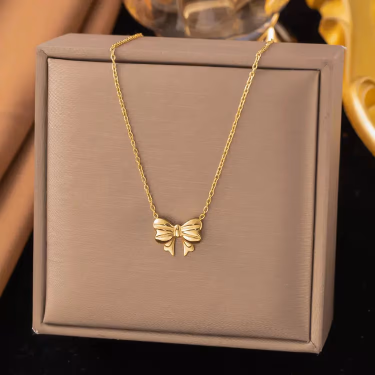 HYPEHAVENHUB Luxury Anti Tarnish Golden Bow Necklace – Elegant Korean Ribbon Pendant Chain. - 6